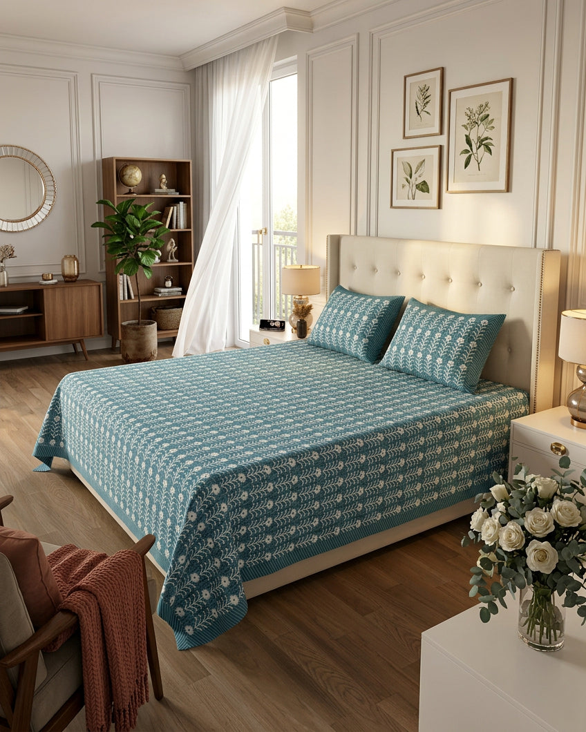 Harsingar Blue bedsheet, muted teal-blue ground with rows of white flowering stems, on a bed with a tufted cream headboard