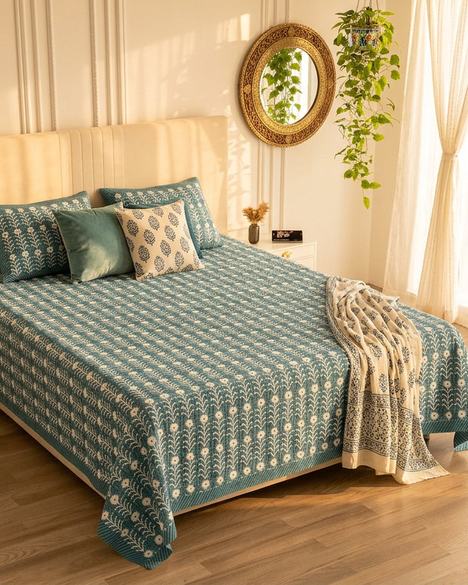 Harsingar Blue bedsheet, muted teal-blue ground with rows of white flowering stems, in a sunlit bedroom with a knit throw
