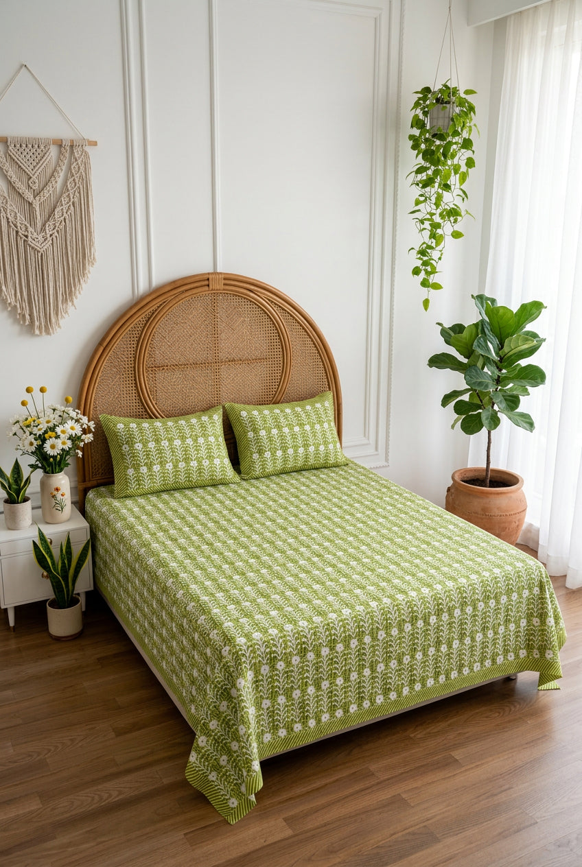 Harsingar Green bedsheet, leaf-green ground with rows of white flowering stems, on a bed with a round cane headboard with macramé