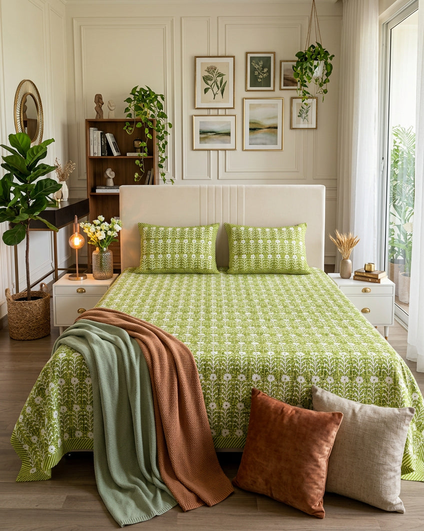 Harsingar Green bedsheet, leaf-green ground with rows of white flowering stems, in a bedroom with sage and rust throws and cushions