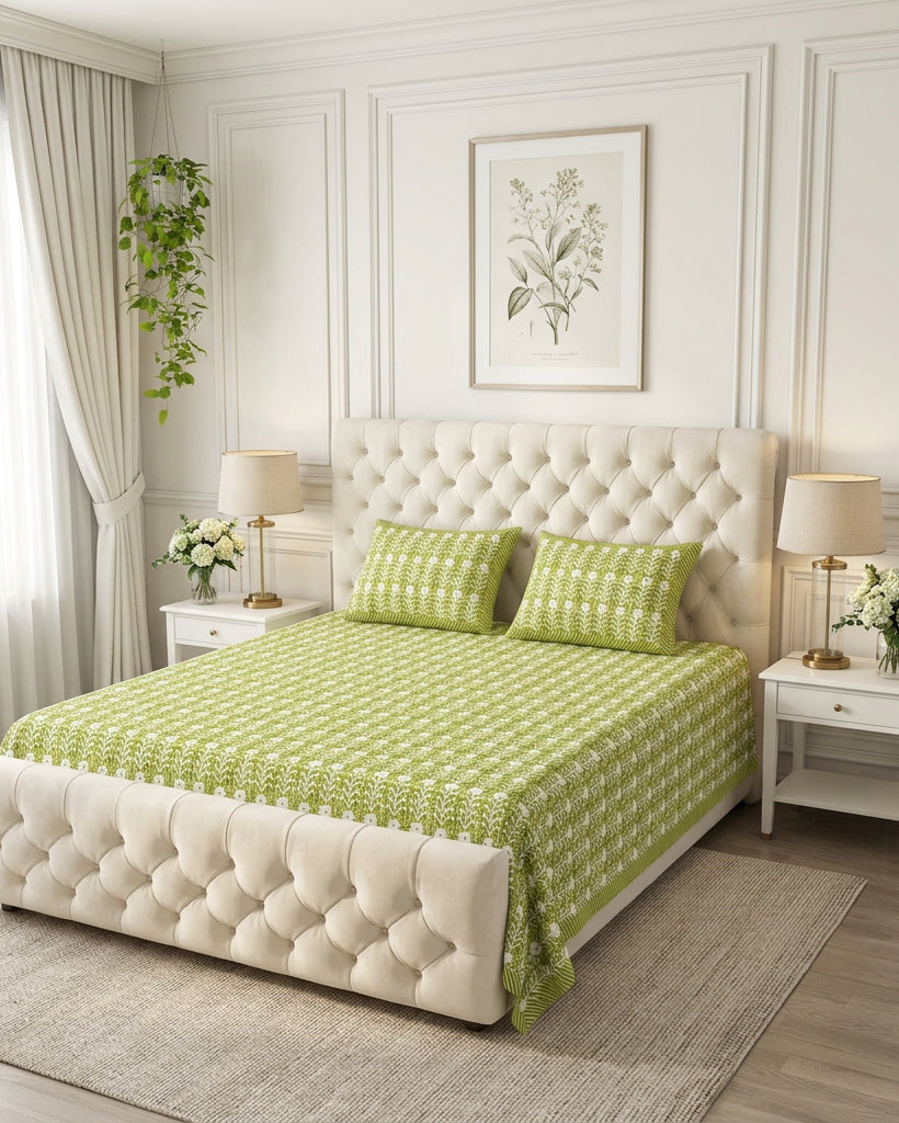 Harsingar Green bedsheet, leaf-green ground with rows of white flowering stems, on a tufted ivory bed