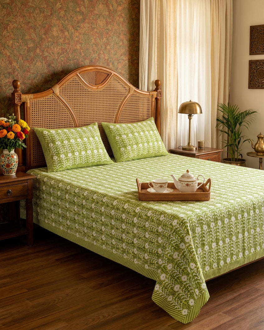 Harsingar Green bedsheet, leaf-green ground with rows of white flowering stems, on a bed with a cane headboard and a tea tray