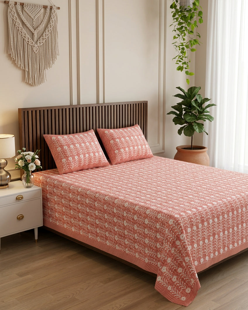Harsingar Pink bedsheet, coral-pink ground with rows of white flowering stems, on a bed with a slatted wood headboard with macramé