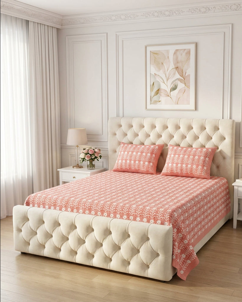 Harsingar Pink bedsheet, coral-pink ground with rows of white flowering stems, on a tufted ivory bed