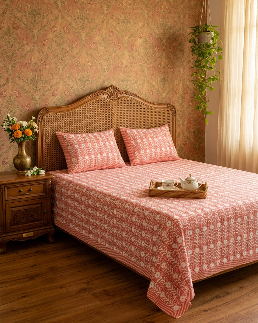 Harsingar Pink bedsheet, coral-pink ground with rows of white flowering stems, on a bed with a cane headboard and a tea tray
