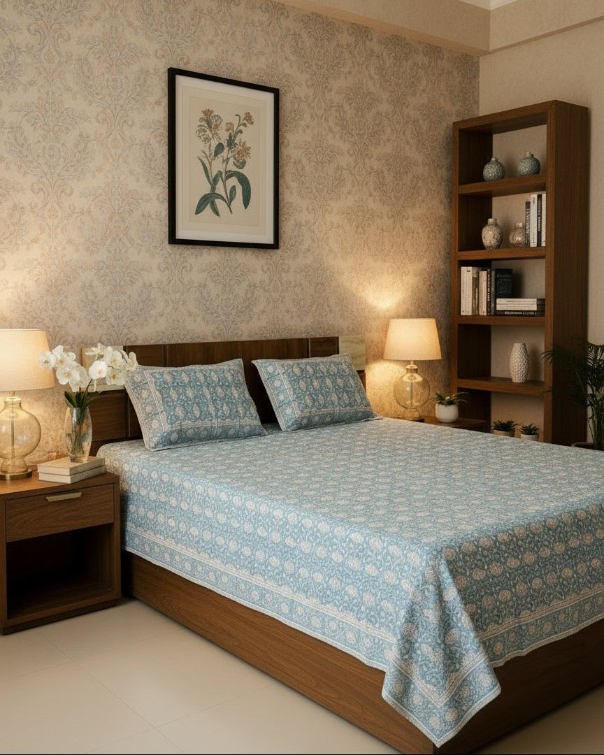 Bed with blue floral patterned bedspread and pillows against a beige wall.