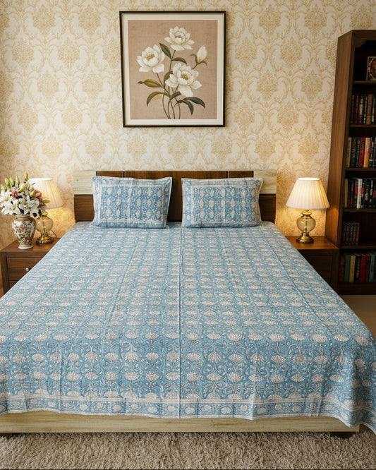 Himadri blue hand block Everyday Cotton bedsheet – front view