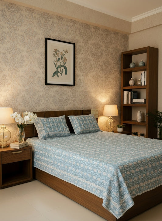 Bed with blue floral patterned bedspread and pillows against a beige wall.