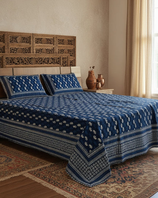 Blue and white patterned bedspread on a bed with matching pillows.
