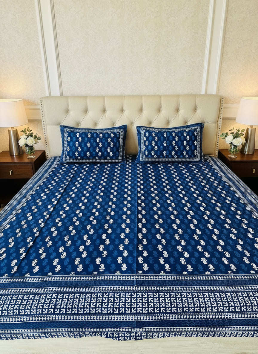 Blue and white patterned bedspread on a bed with matching pillows.