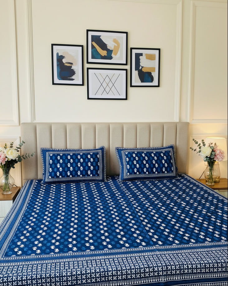 Blue and white patterned bedspread on a bed with matching pillows.