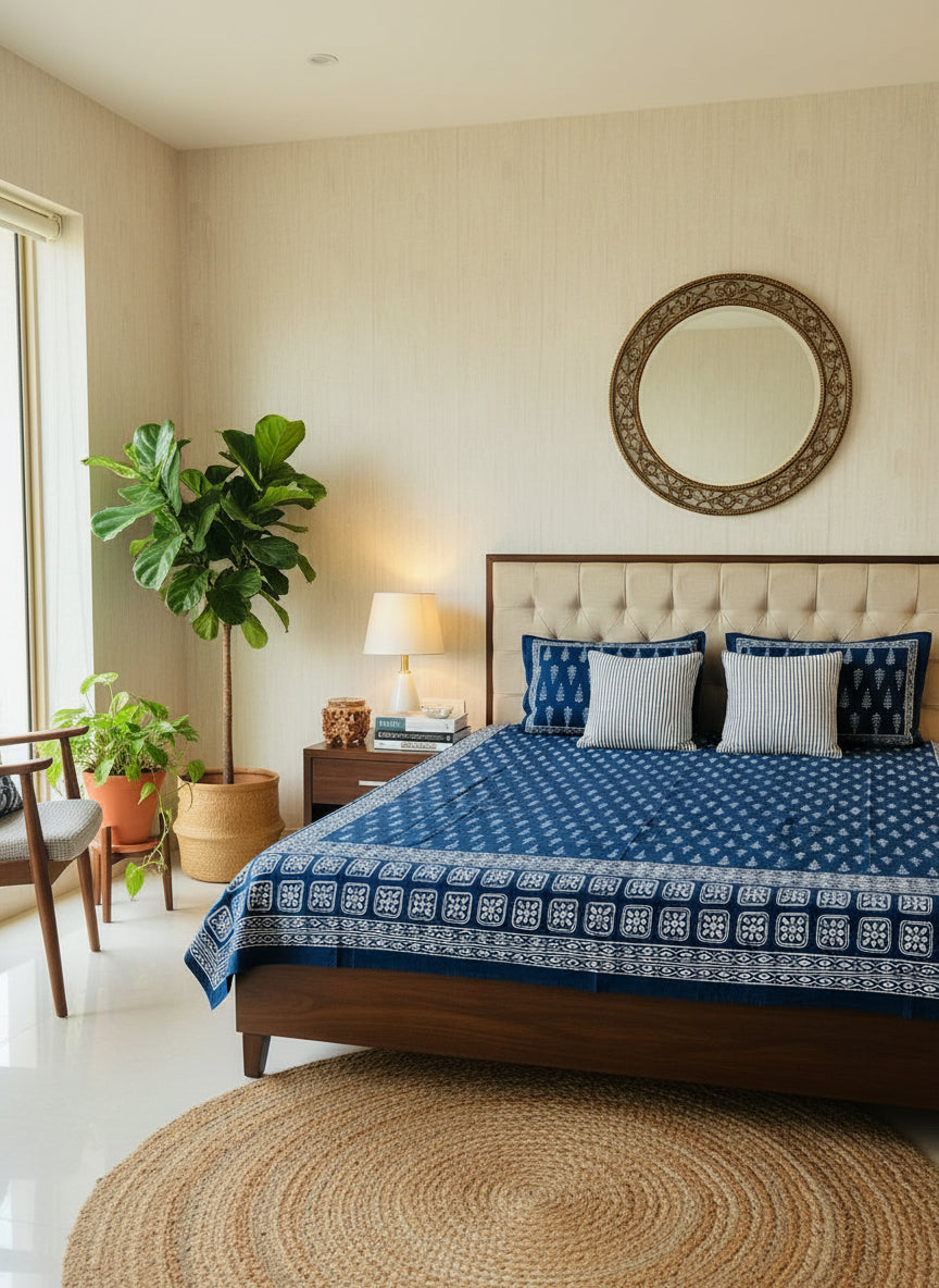 Bed with blue and white patterned bedspread and pillows against a beige wall.