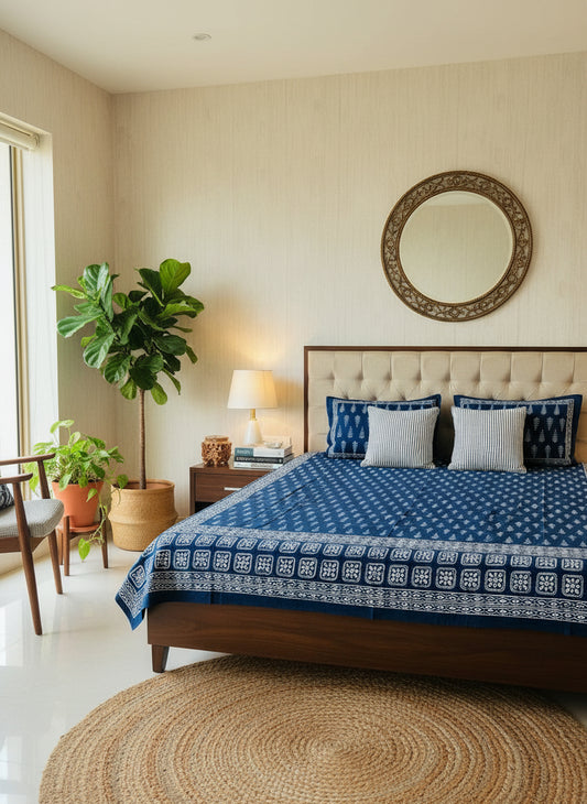 Bed with blue and white patterned bedspread and pillows against a beige wall.