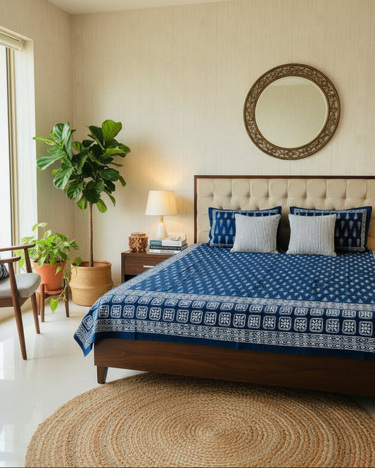 Bed with blue and white patterned bedspread and pillows against a beige wall.
