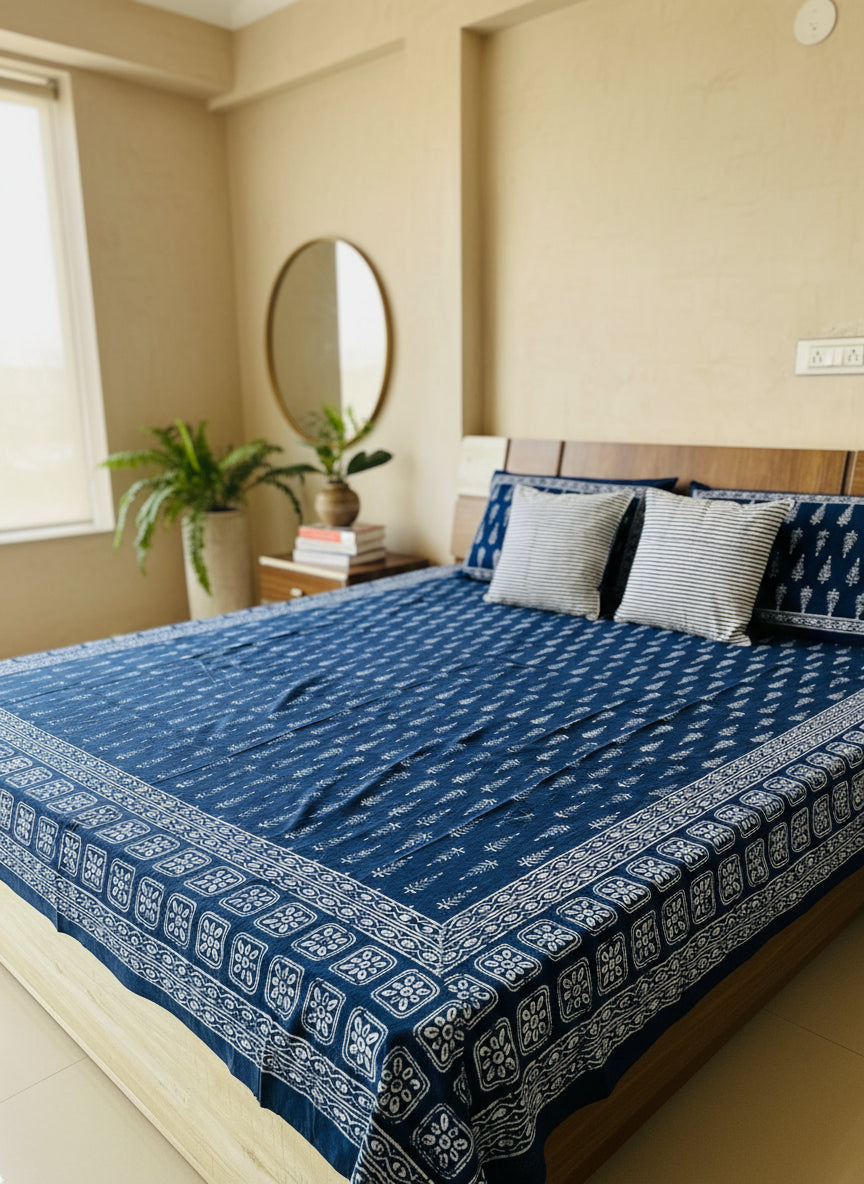 Bed with blue and white patterned bedspread and pillows against a beige wall.