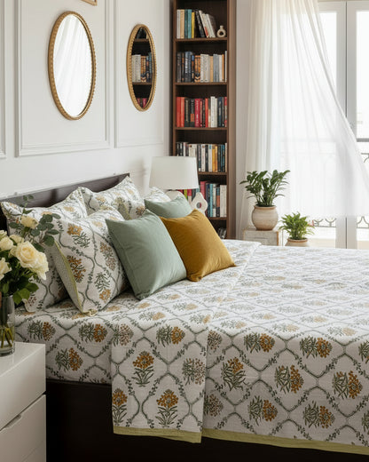 Indrani green floral pure cotton bedsheet – front view