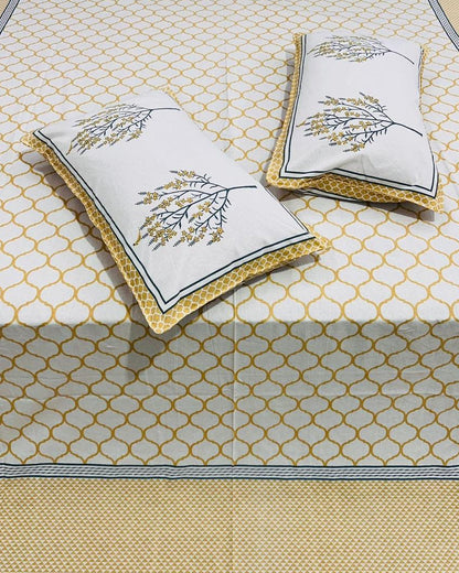 Jaali yellow lattice pure cotton bedsheet – pillow cover detail