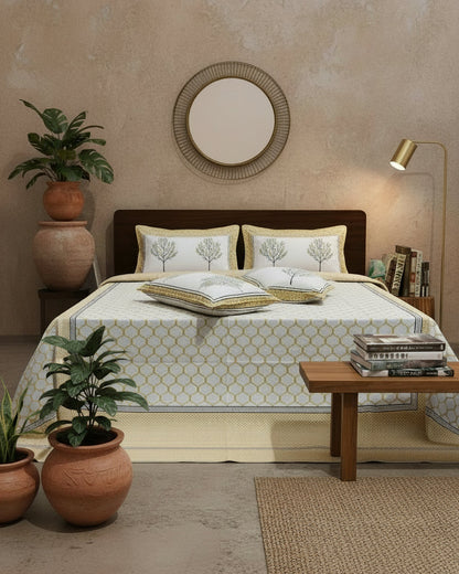 Jaali yellow lattice pure cotton bedsheet – styled on a bed