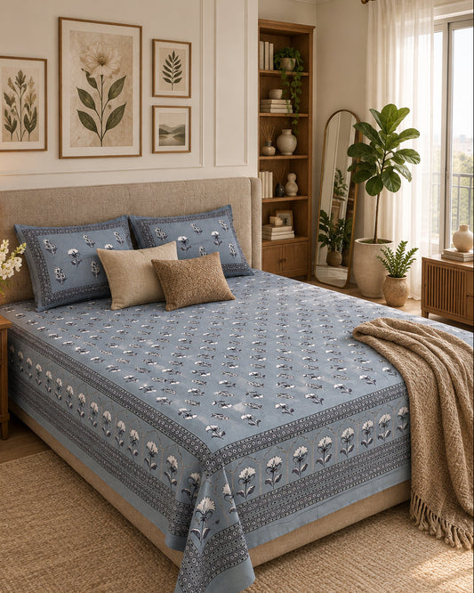 Japaa Blue Everyday Cotton bedsheet with small ivory buta on slate blue, styled with beige cushions and a camel throw