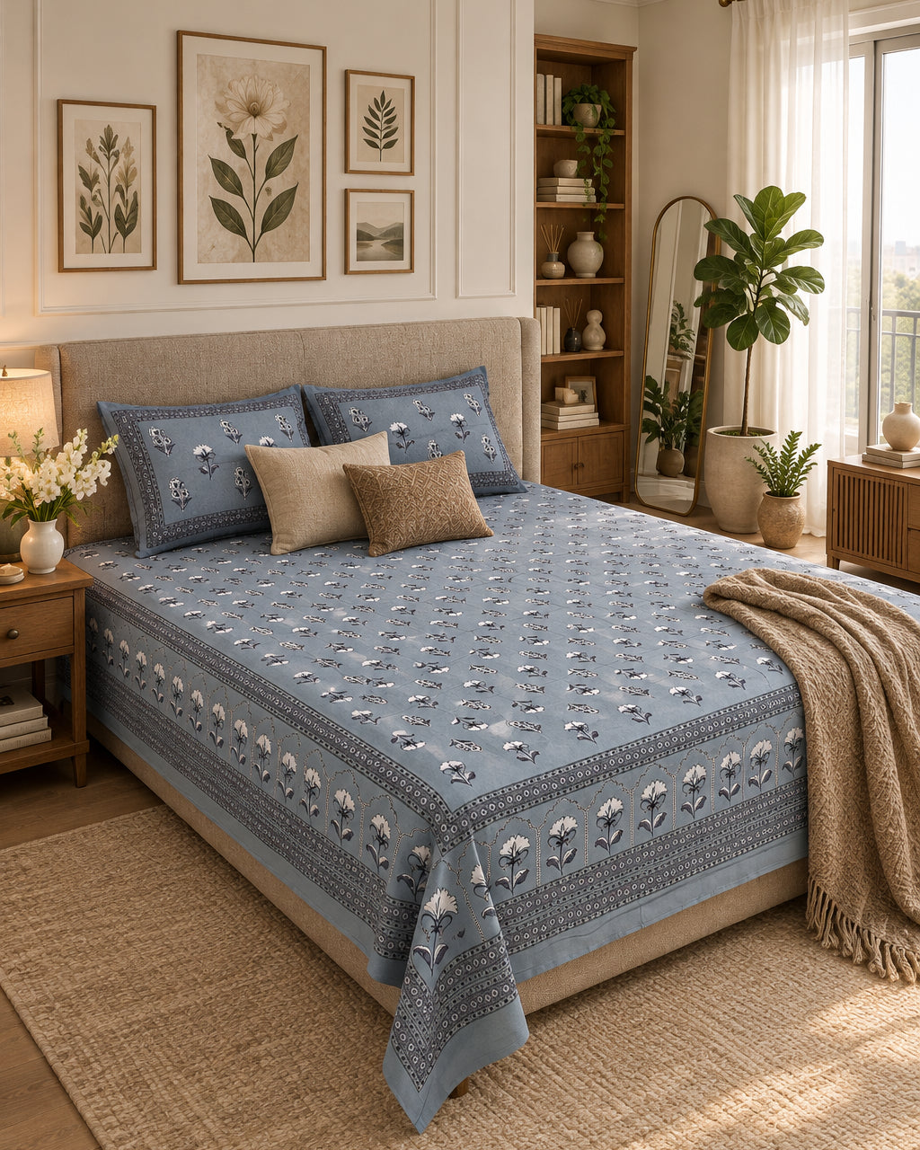 Japaa Blue Everyday Cotton bedsheet with small ivory buta on slate blue, styled with beige cushions and a camel throw