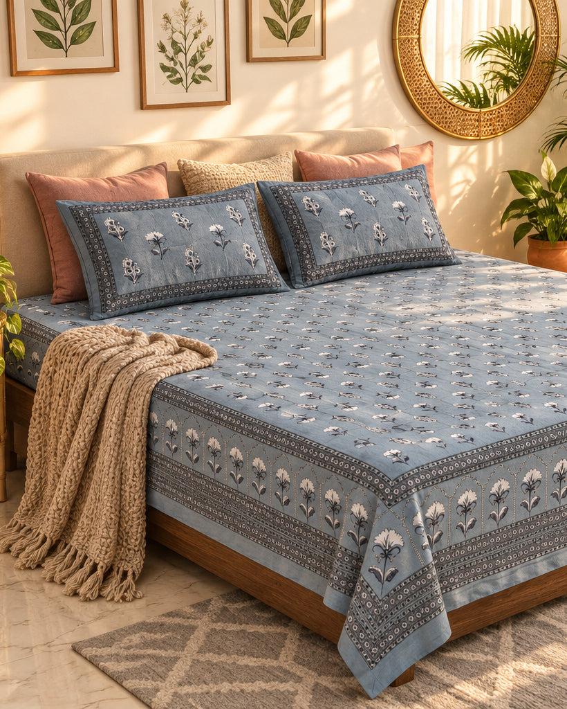 Japaa Blue bedsheet styled with pink cushions and a knit throw