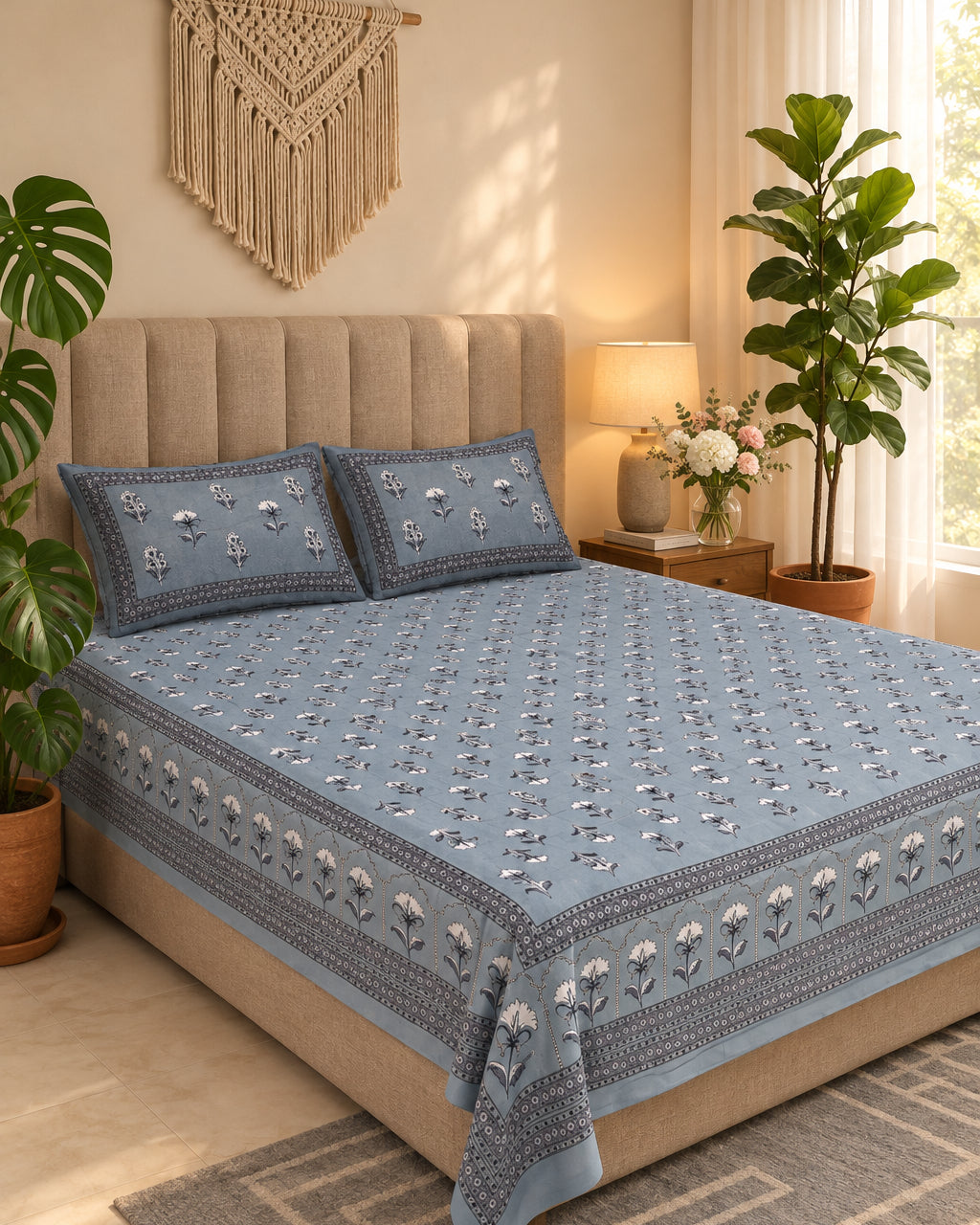 Japaa Blue slate-blue bedsheet with ivory buta on a bed with a light upholstered headboard