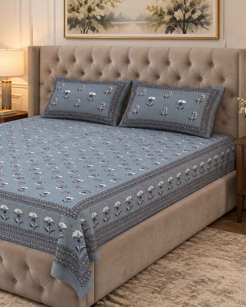 Japaa Blue Everyday Cotton bedsheet and pillow covers on a beige tufted bed