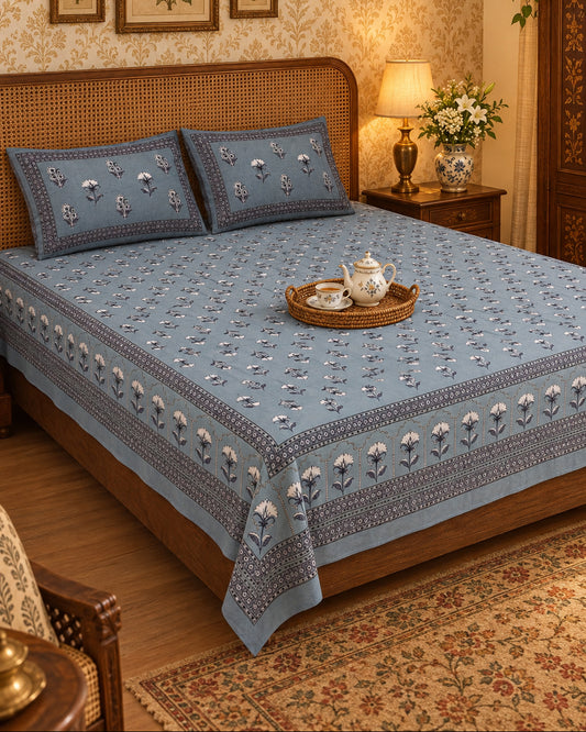 Japaa Blue bedsheet with rows of ivory buta and a patterned border, with a tea tray on a cane-headboard bed