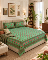 Japaa Green Everyday Cotton bedsheet with red and ivory flower buta on green, styled with an olive throw