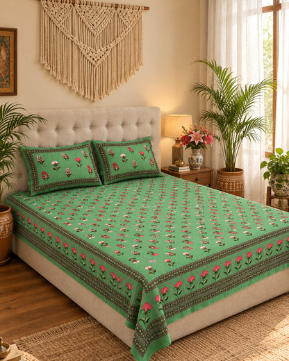 Japaa Green bedsheet with red and ivory buta on a bed beside a macramé wall hanging