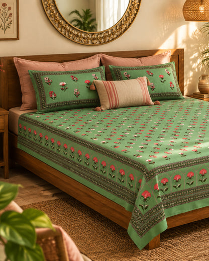 Japaa Green bedsheet styled with coral and striped cushions on a wooden bed
