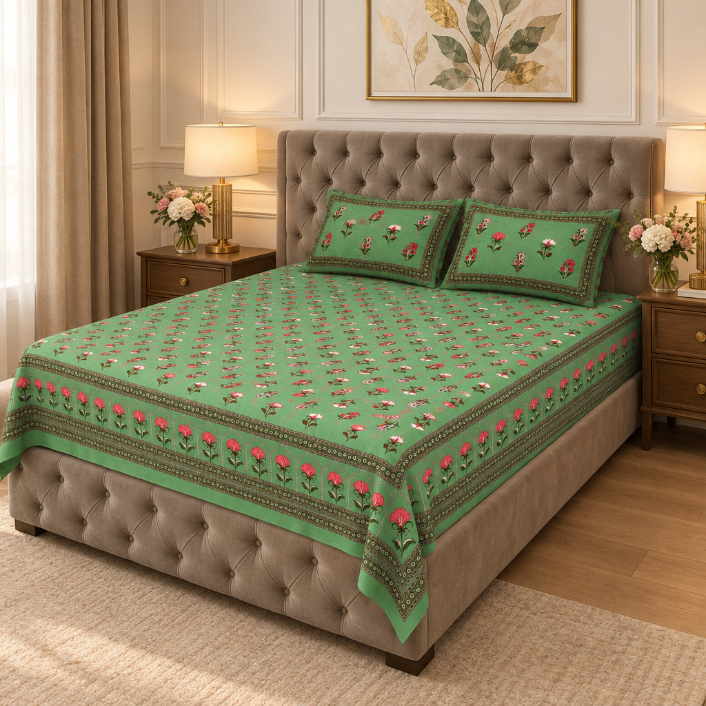 Japaa Green Everyday Cotton bedsheet and pillow covers on a beige tufted bed