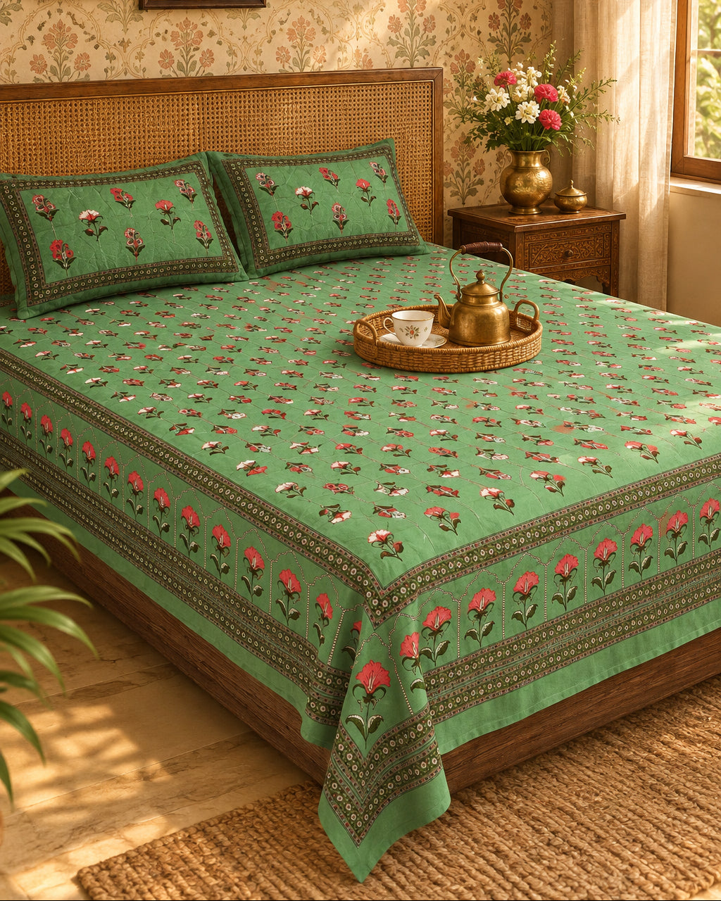 Japaa Green bedsheet with red flower buta and a patterned border, with a tea tray on a cane-headboard bed