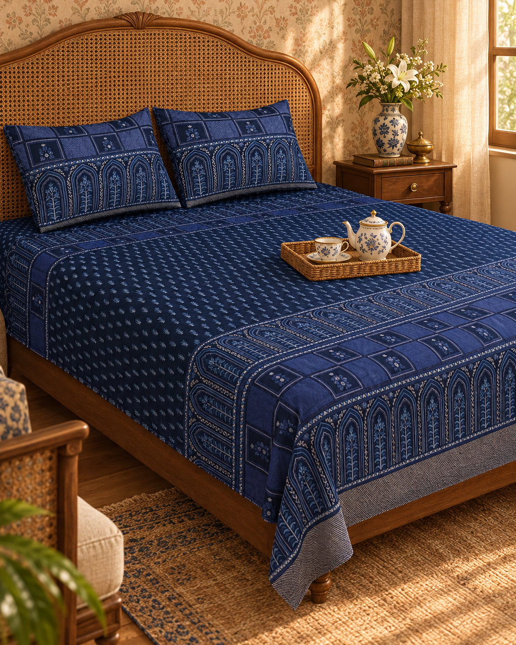 Tarang Blue navy bedsheet with arched border and a tea tray on a cane-headboard bed
