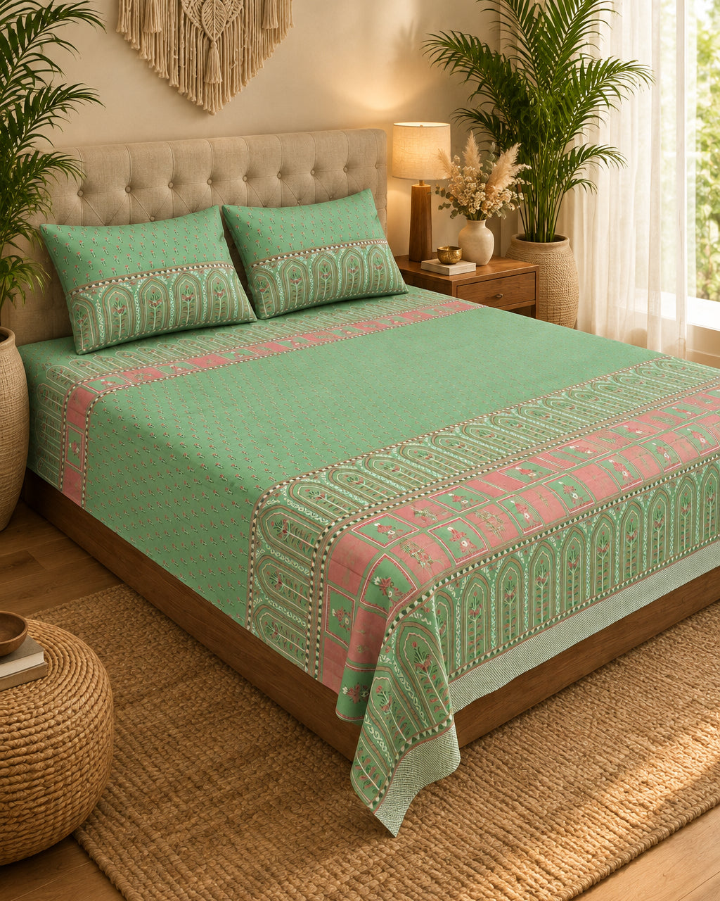 Tarang Green bedsheet on a bed with a light headboard beside a macramé wall hanging