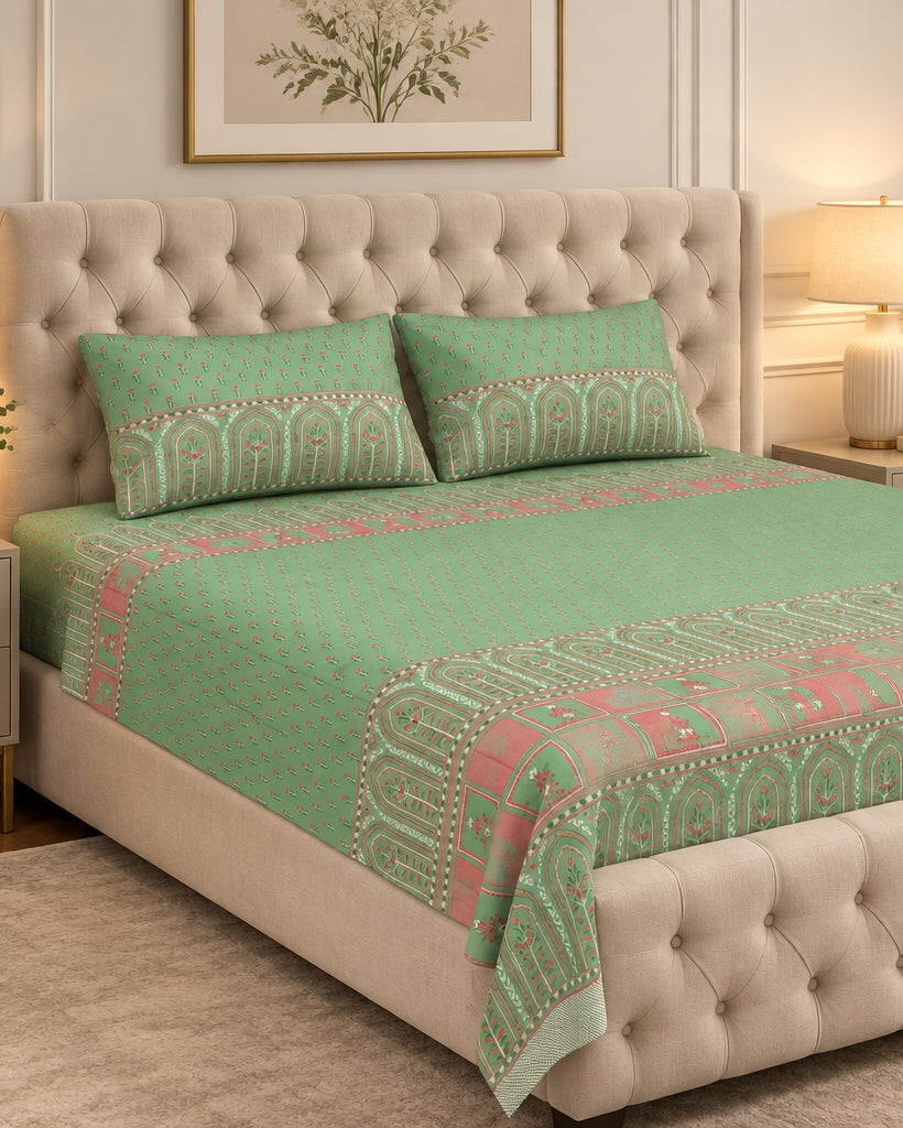 Tarang Green bedsheet and pillow covers on a beige tufted bed