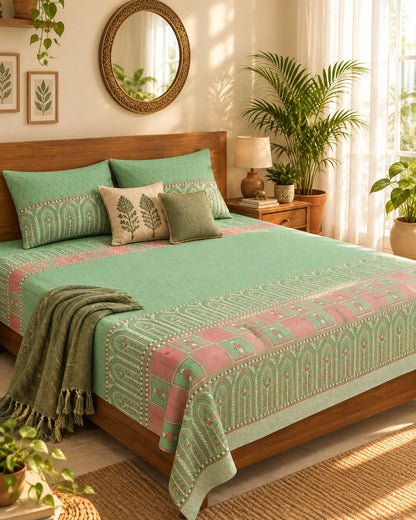 Tarang Green bedsheet styled with an olive throw on a wooden bed