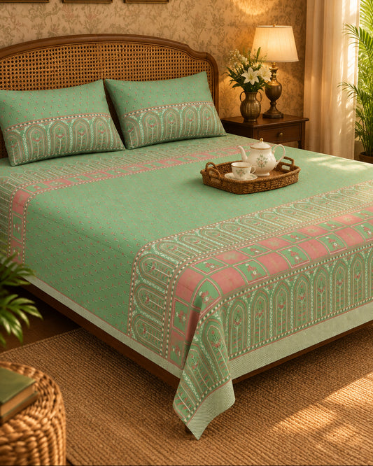 Tarang Green mint bedsheet with pink arched border and a tea tray on a cane-headboard bed