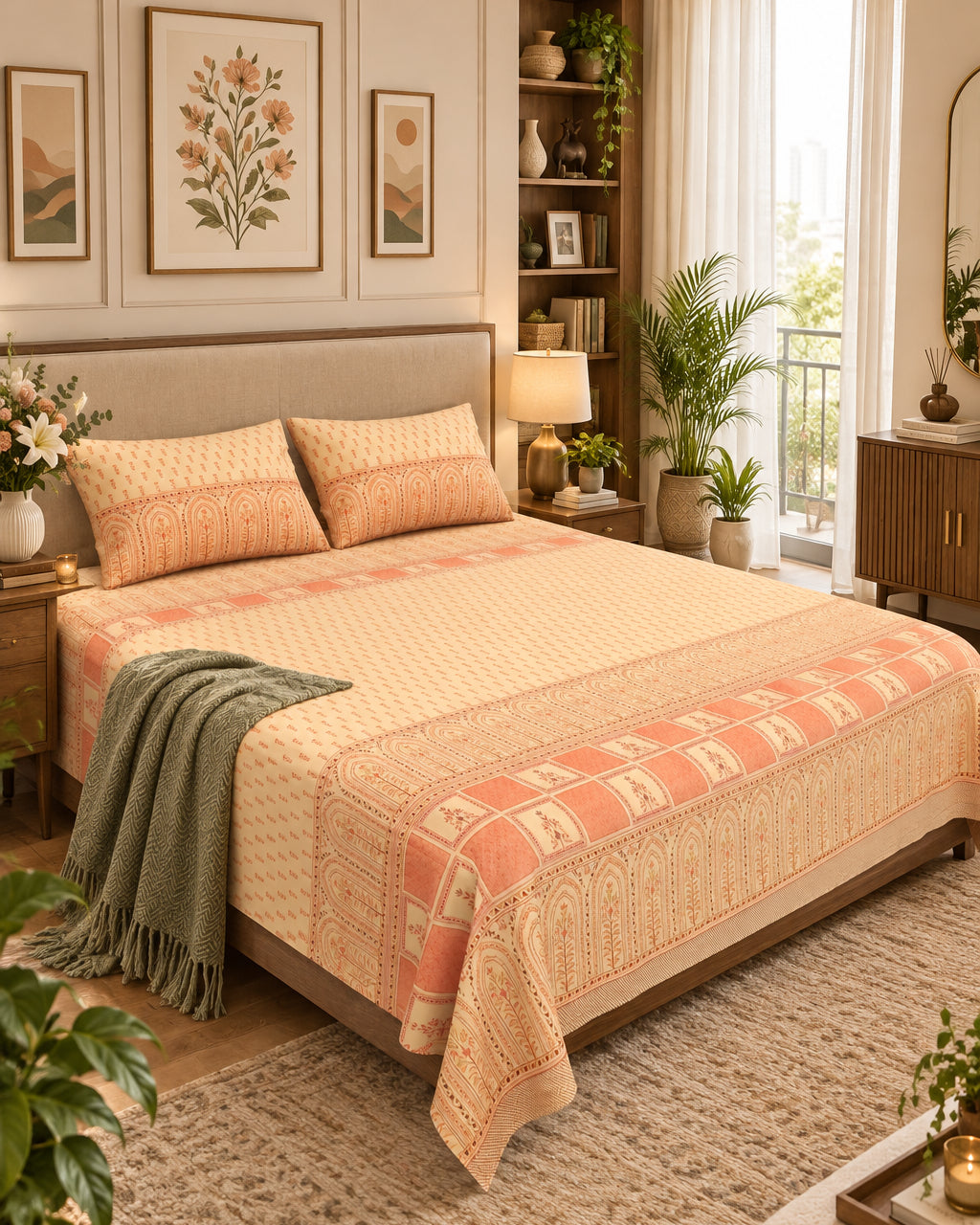 Tarang Peach Everyday Cotton bedsheet with small motifs on cream and a wide peach arched border, with an olive throw