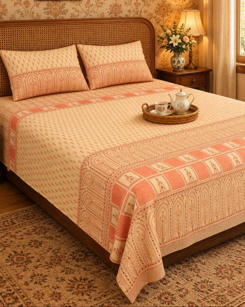 Tarang Peach bedsheet with peach arched border and a tea tray on a cane-headboard bed