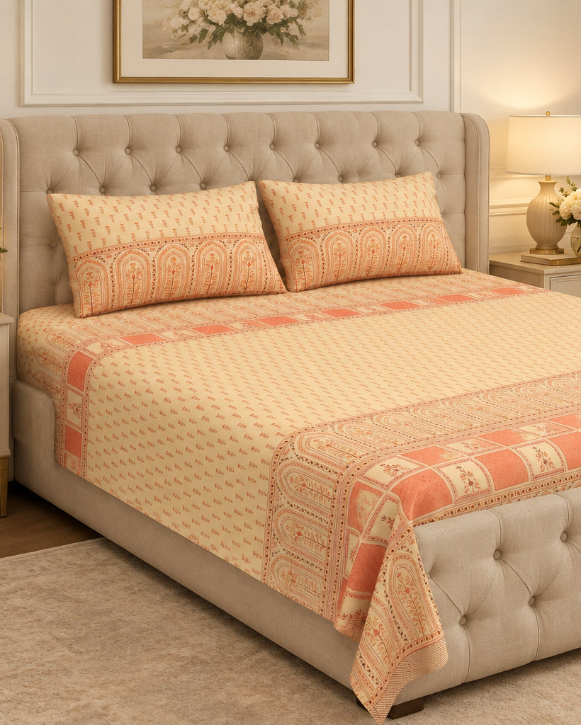 Tarang Peach bedsheet and pillow covers on a grey tufted bed