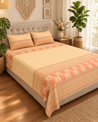 Tarang Peach cream and peach bedsheet on a tufted bed beside a macramé wall hanging