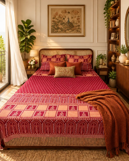 Tarang Red bedsheet styled with a rust throw on a cane bed