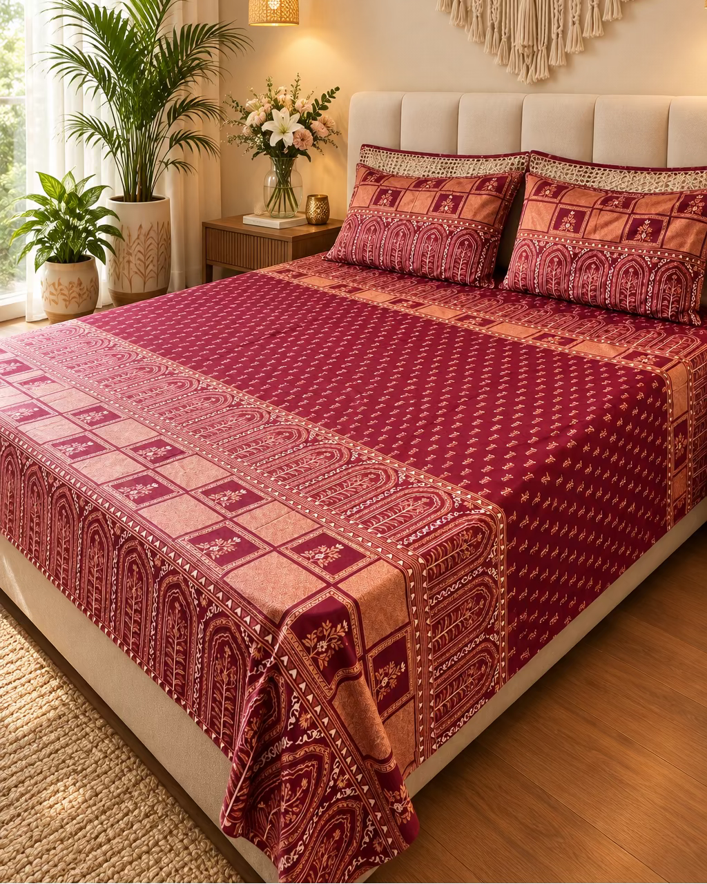 Tarang Red bedsheet and pillow covers on a bed with a light headboard