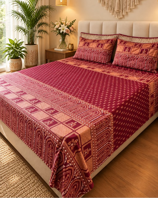 Tarang Red bedsheet and pillow covers on a bed with a light headboard