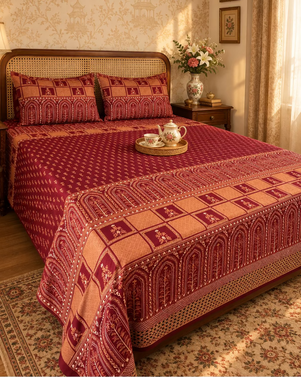 Tarang Red bedsheet with arched border and a tea tray on a cane-headboard bed