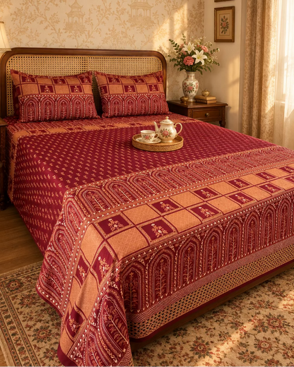 Tarang Red bedsheet with arched border and a tea tray on a cane-headboard bed