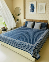Kadambari indigo Bagru Everyday Cotton bedsheet – styled on bed