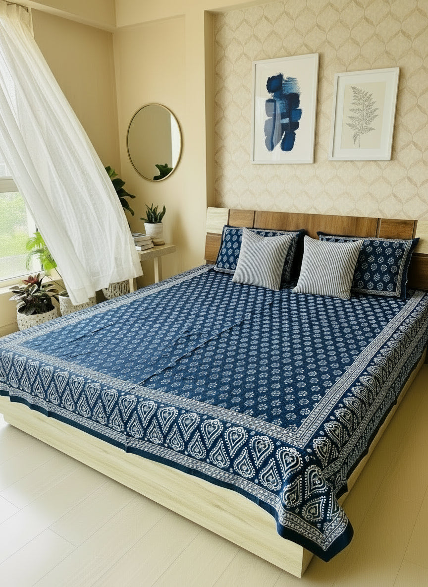 Navy blue and white patterned bedspread on a bed with matching pillows.