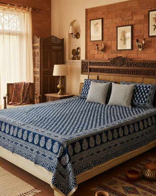 Bed with blue and white patterned bedspread and pillows in a room.